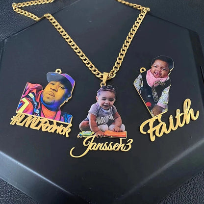 Laser Cut Out Full Color Photo & Name Pendant Necklace