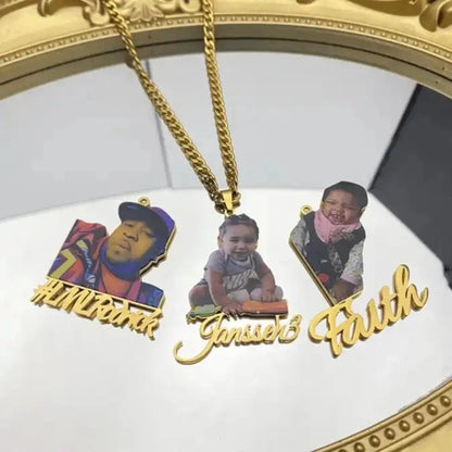 Laser Cut Out Full Color Photo & Name Pendant Necklace
