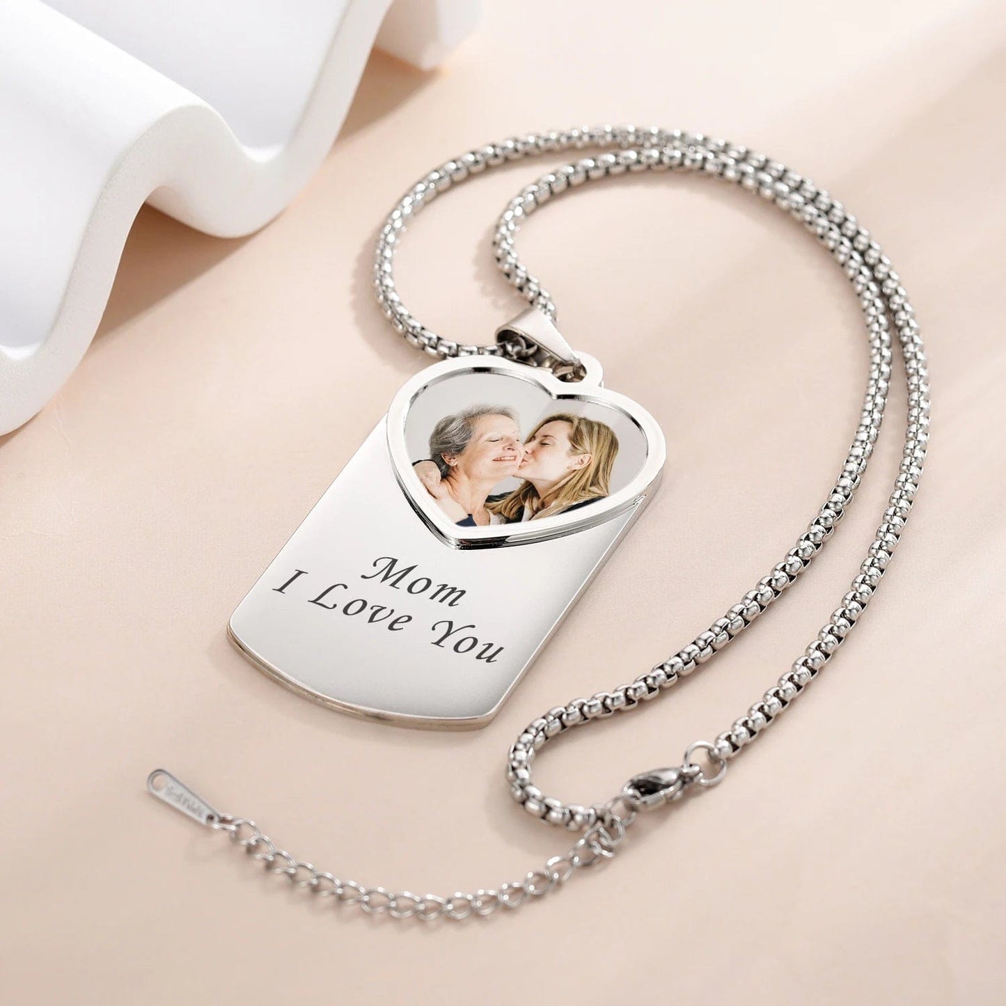 Engraved Dog Tag Necklace With Heart Photo