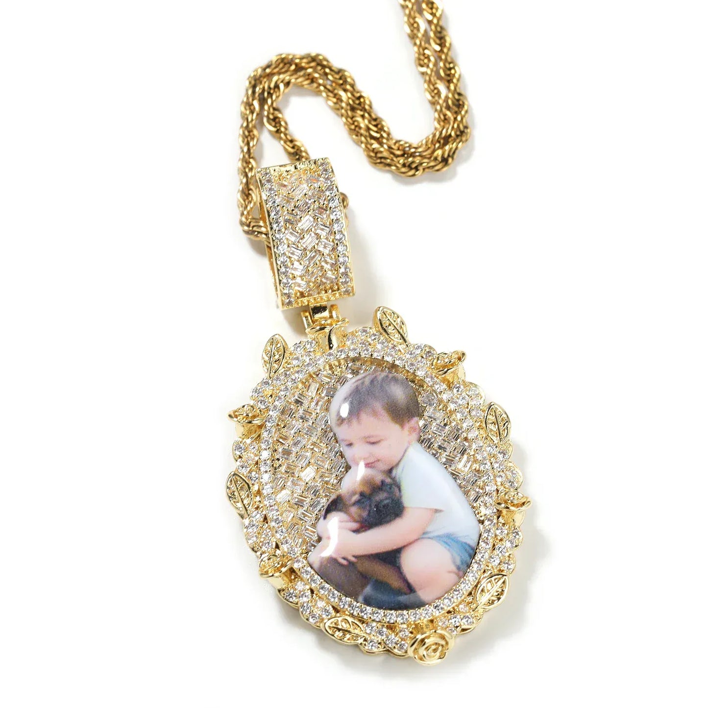 Custom Oval Baguette Diamond Photo Pendant Necklace