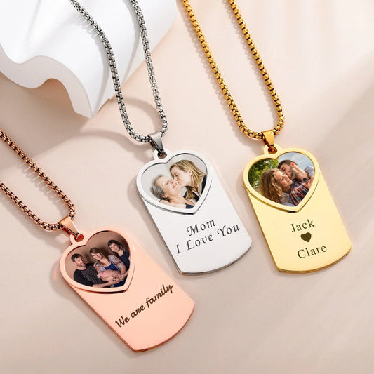 Engraved Dog Tag Necklace With Heart Photo