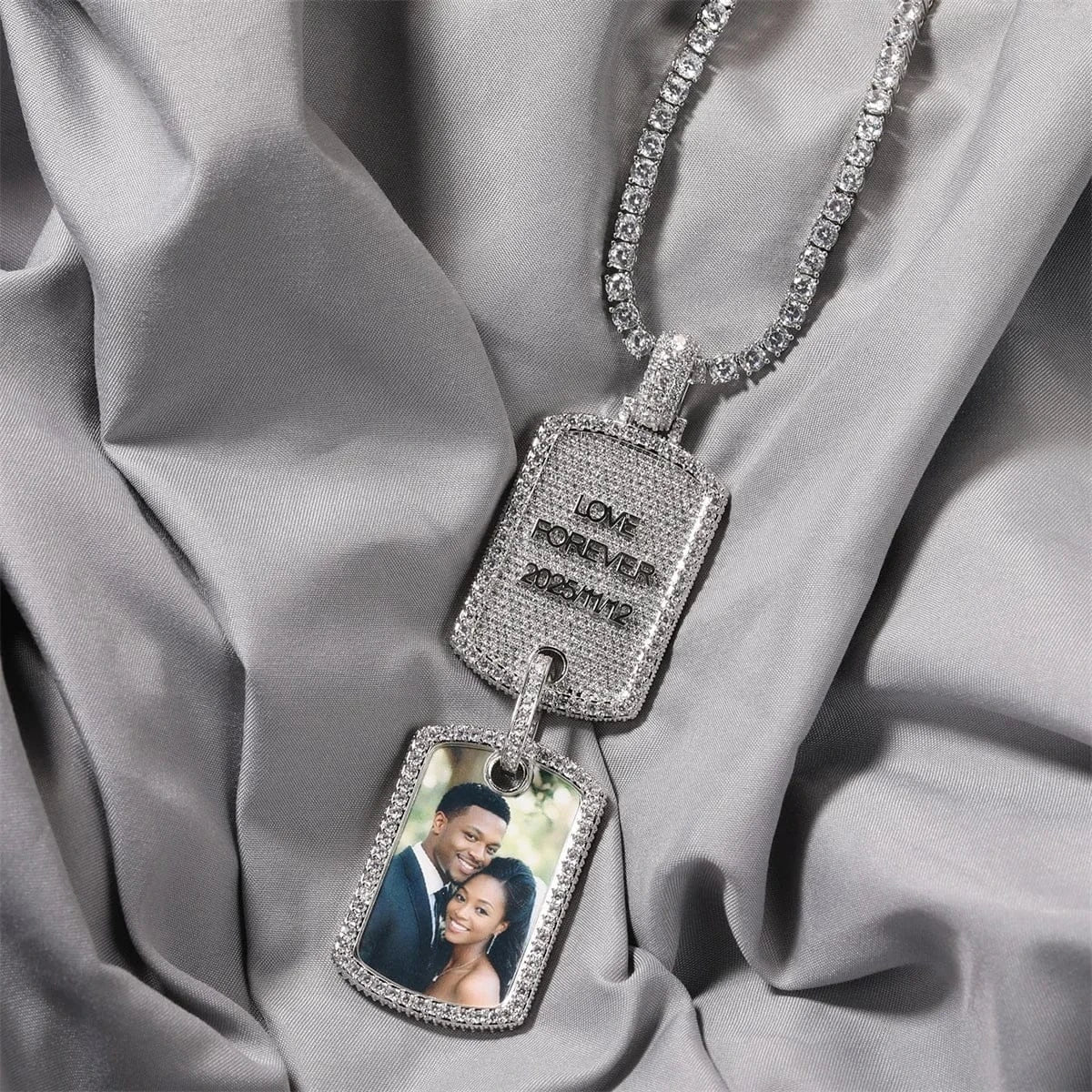 Custom Double Dog Tag Photo Necklace with Engraving | Personalized Memory Pendant