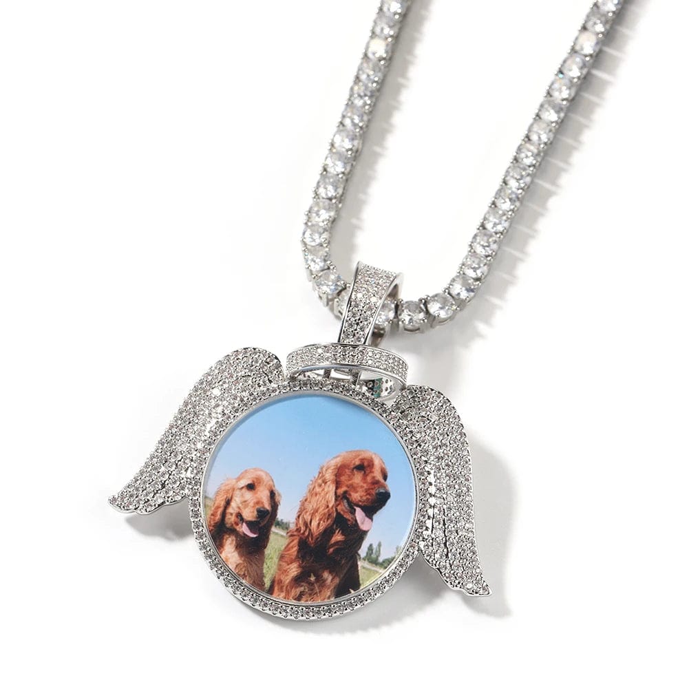 Custom Round Angel Wings & Halo Photo Pendant Necklace