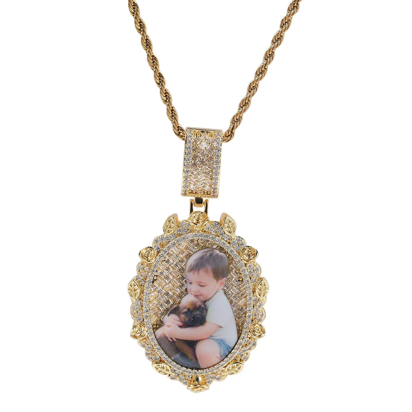 Custom Oval Baguette Diamond Photo Pendant Necklace