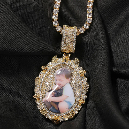 Custom Oval Baguette Diamond Photo Pendant Necklace