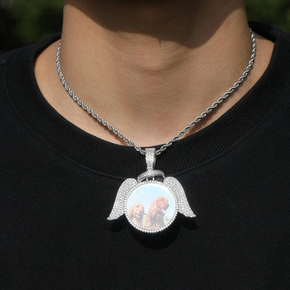 Custom Round Angel Wings & Halo Photo Pendant Necklace