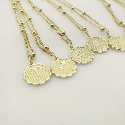 Sunburst Round 12 Zodiac Coin Pendant & Semi-Beaded Chain Necklace