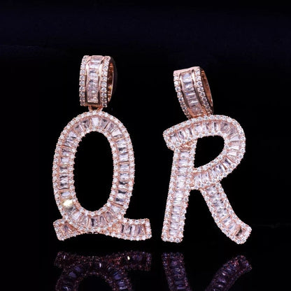 Baguette Initials Letters With CZ & Necklace