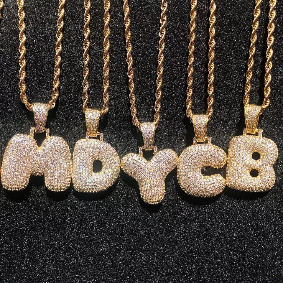 Gold Bubble Letters Initial Pendants With Zircon Diamonds & Chain