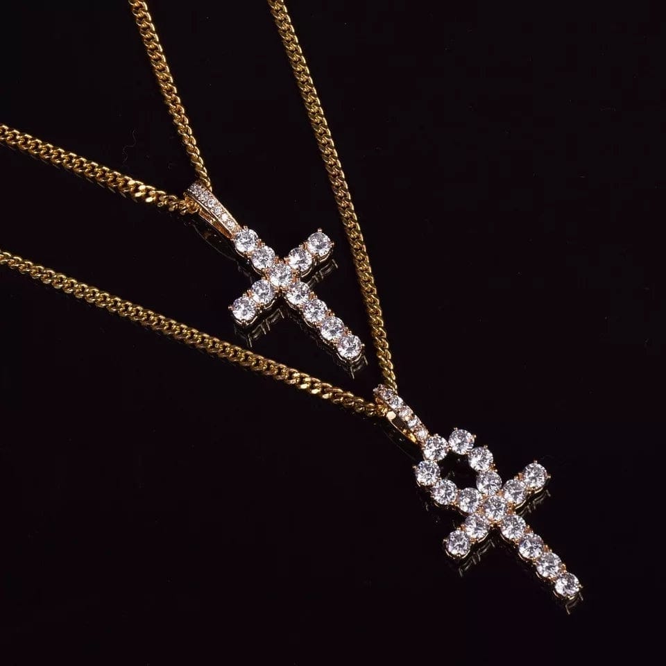 Collar de oro Ankh/Cruz engastado con diamantes de circón 