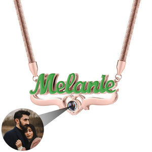 Custom Colored Enamel & Gold Photo Projection Name Plate Necklace