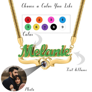 Custom Colored Enamel & Gold Photo Projection Name Plate Necklace