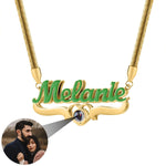 Custom Colored Enamel & Gold Photo Projection Name Plate Necklace