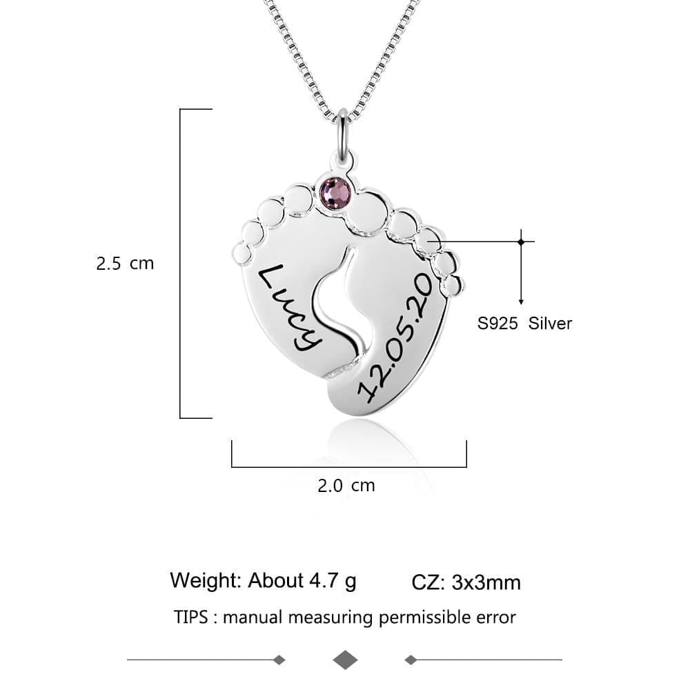 Personalized Silver Baby Feet Pendant & Necklace With Birthstone