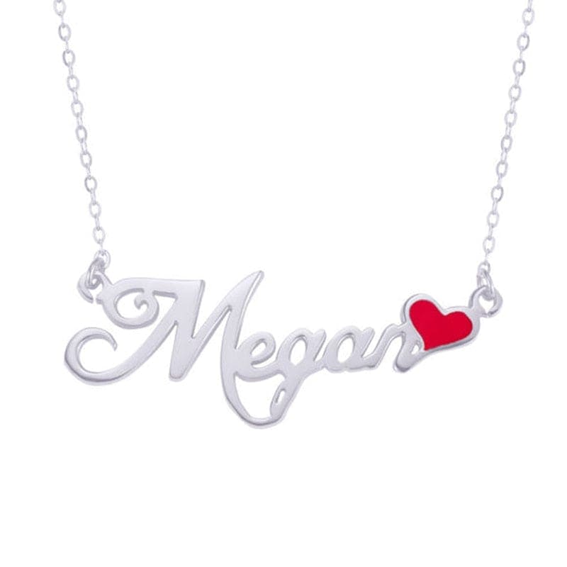 Custom Script Name Plate Necklace With Red Enamel Heart Accent
