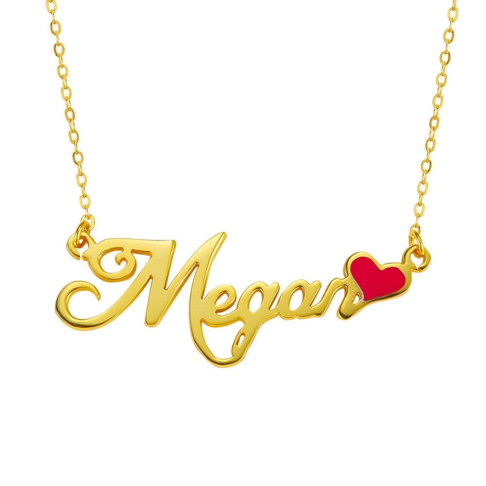 Custom Script Name Plate Necklace With Red Enamel Heart Accent