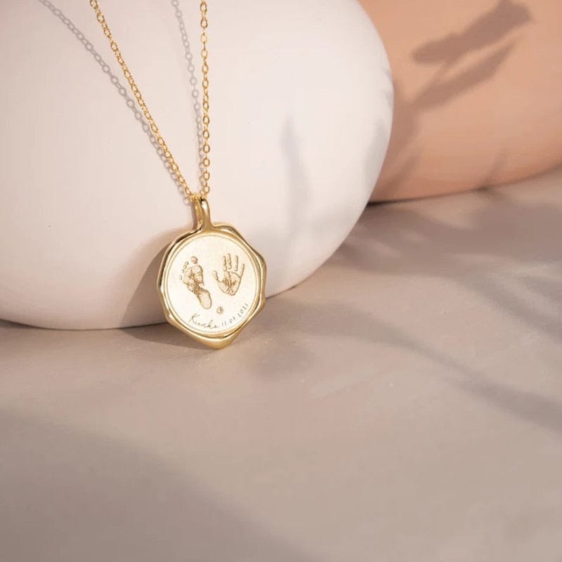 Gold Custom Engraved Newborn Footprint Necklace With Birth Stone
