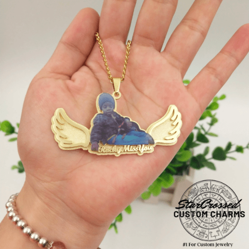 Collar de memoria de imagen 3D personalizado con alas - colgante de foto y nombre