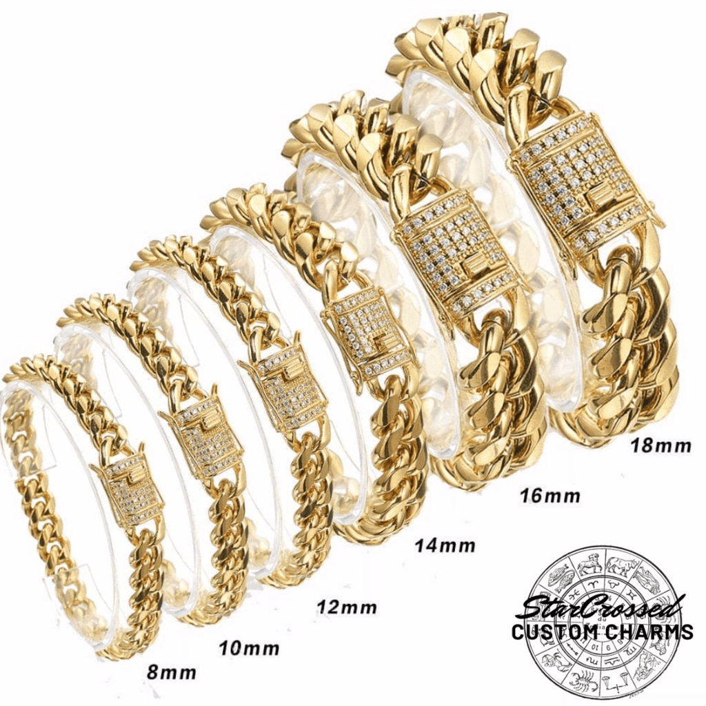 Pulsera de eslabones cubanos de Miami de oro clásico para hombre con cierre de bloqueo - 8/10/12/14/16/18 mm
