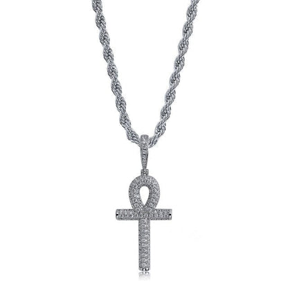 Egyptian Ankh Cross Pendant Necklace With AAA Zircons - Gold, Silver
