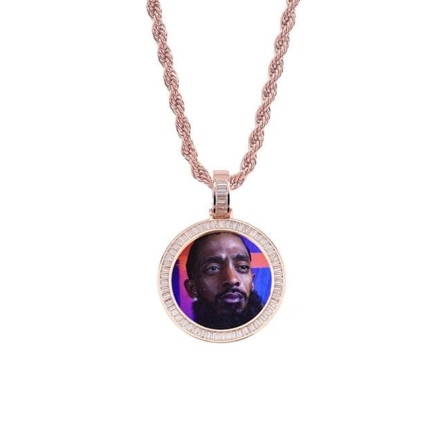 Gold Custom Picture Pendant Necklace With Baguette Border