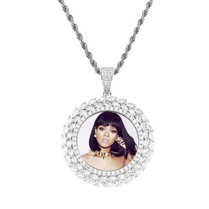 White Gold Custom Photo Pendant With Roman Leaf Setting