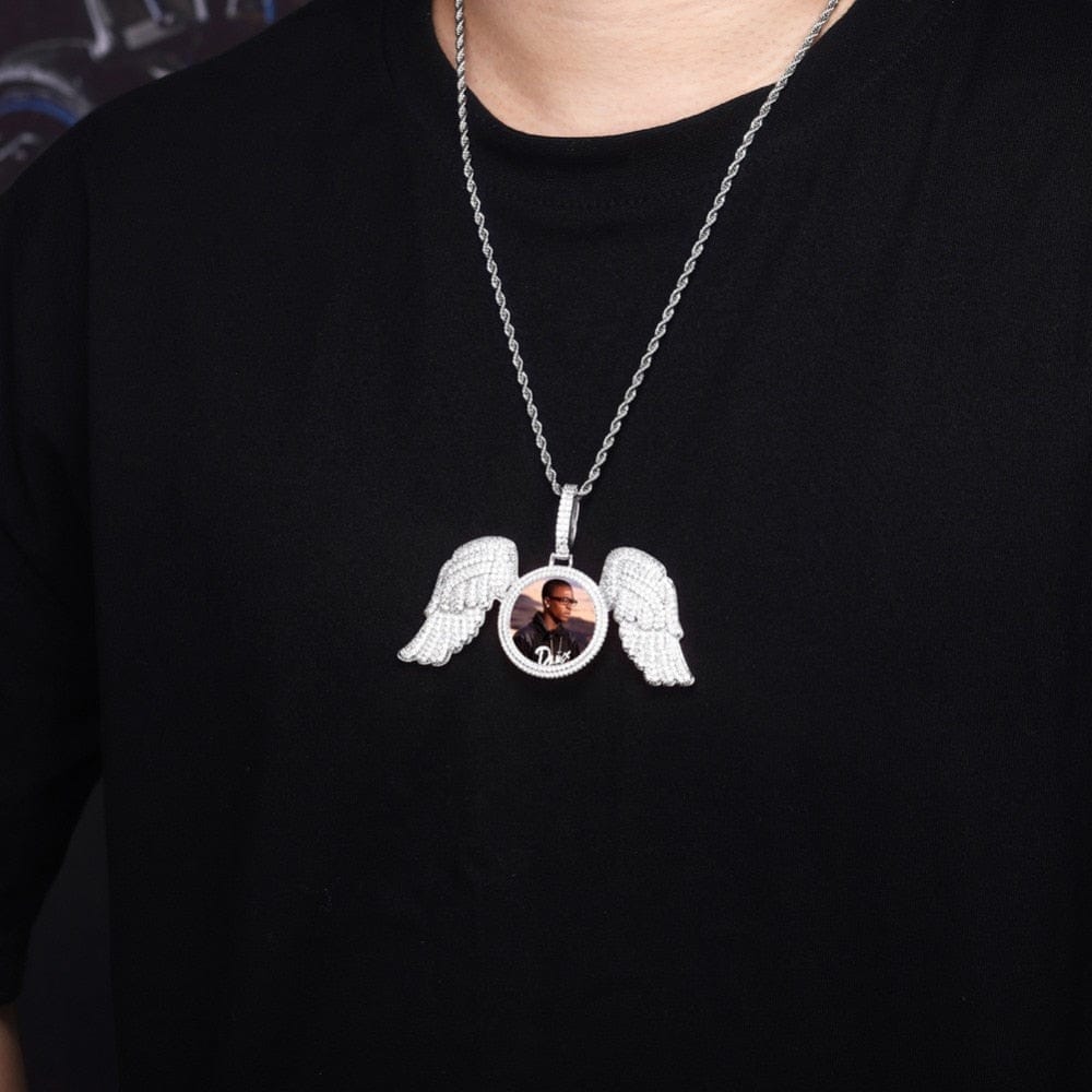 "Gabriels Wings" Custom Photo Pendant Necklace With Long Wings