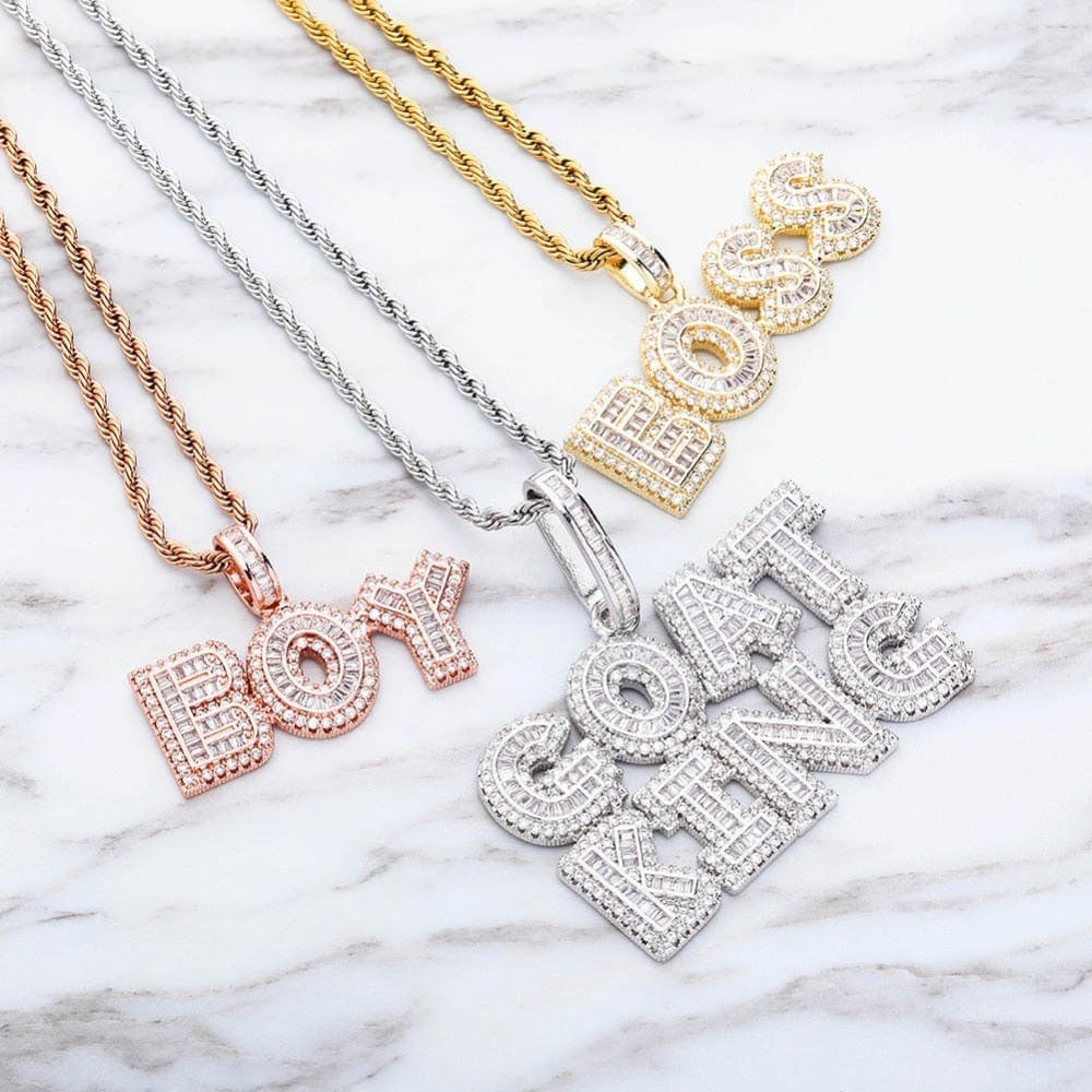 Custom Baguette Letters Pendant With Rope, Cuban or Tennis Necklace