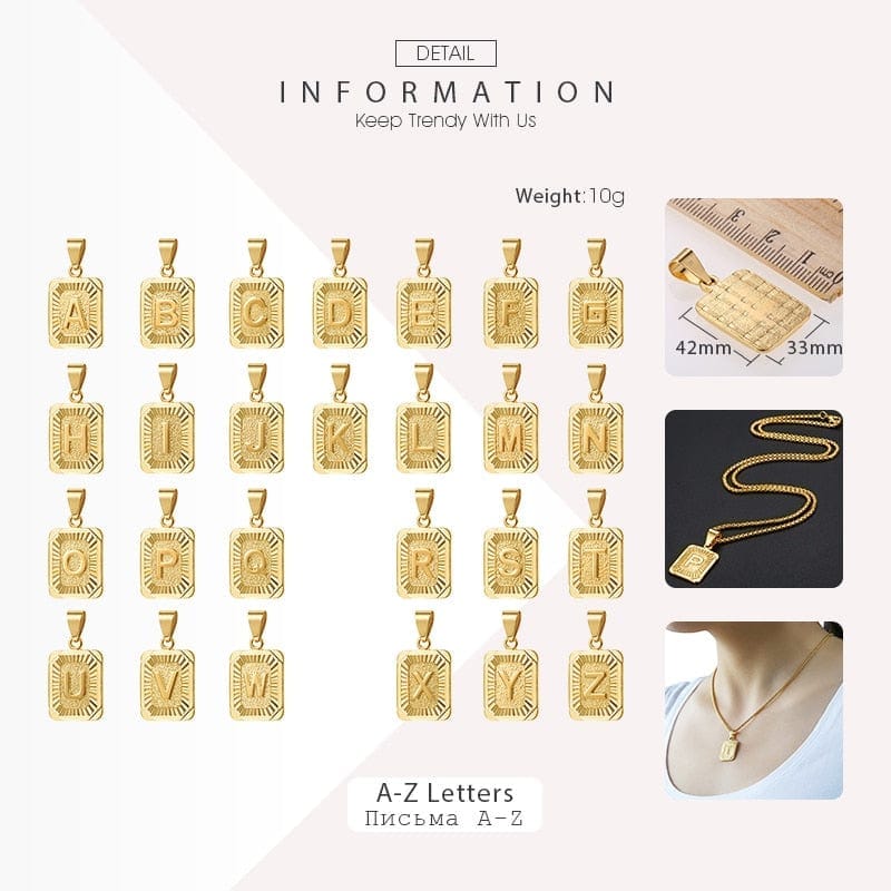 A-Z Initial Pendant & Box Link Chain - Gold/Rose Gold/White Gold