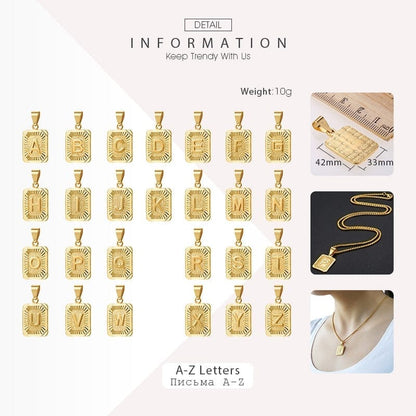 A-Z Initial Pendant & Box Link Chain - Gold/Rose Gold/White Gold