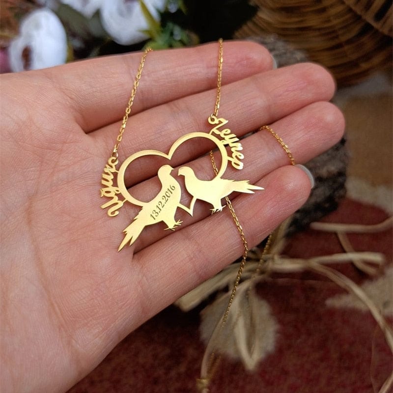 Collar personalizado de pájaros del amor con dos nombres para pareja