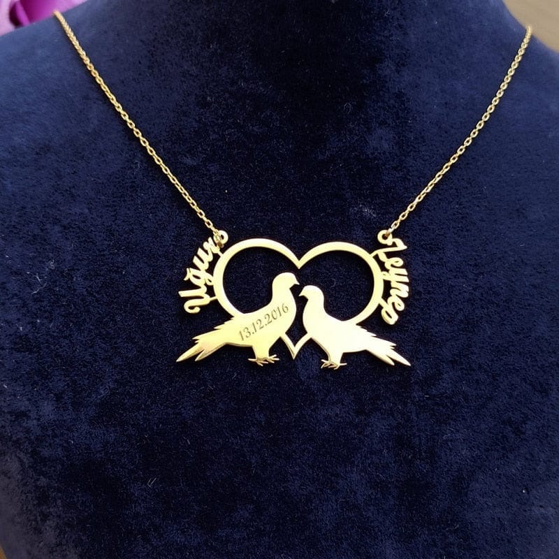 Custom Two Name Love Birds Necklace For Couple