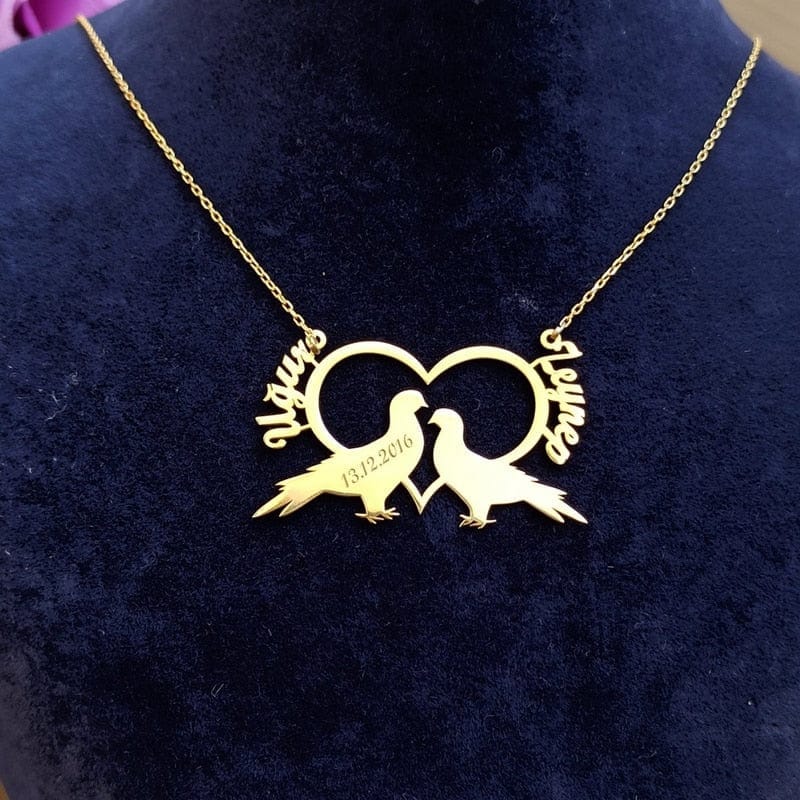 Collar personalizado de pájaros del amor con dos nombres para pareja