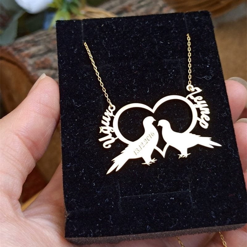 Collar personalizado de pájaros del amor con dos nombres para pareja