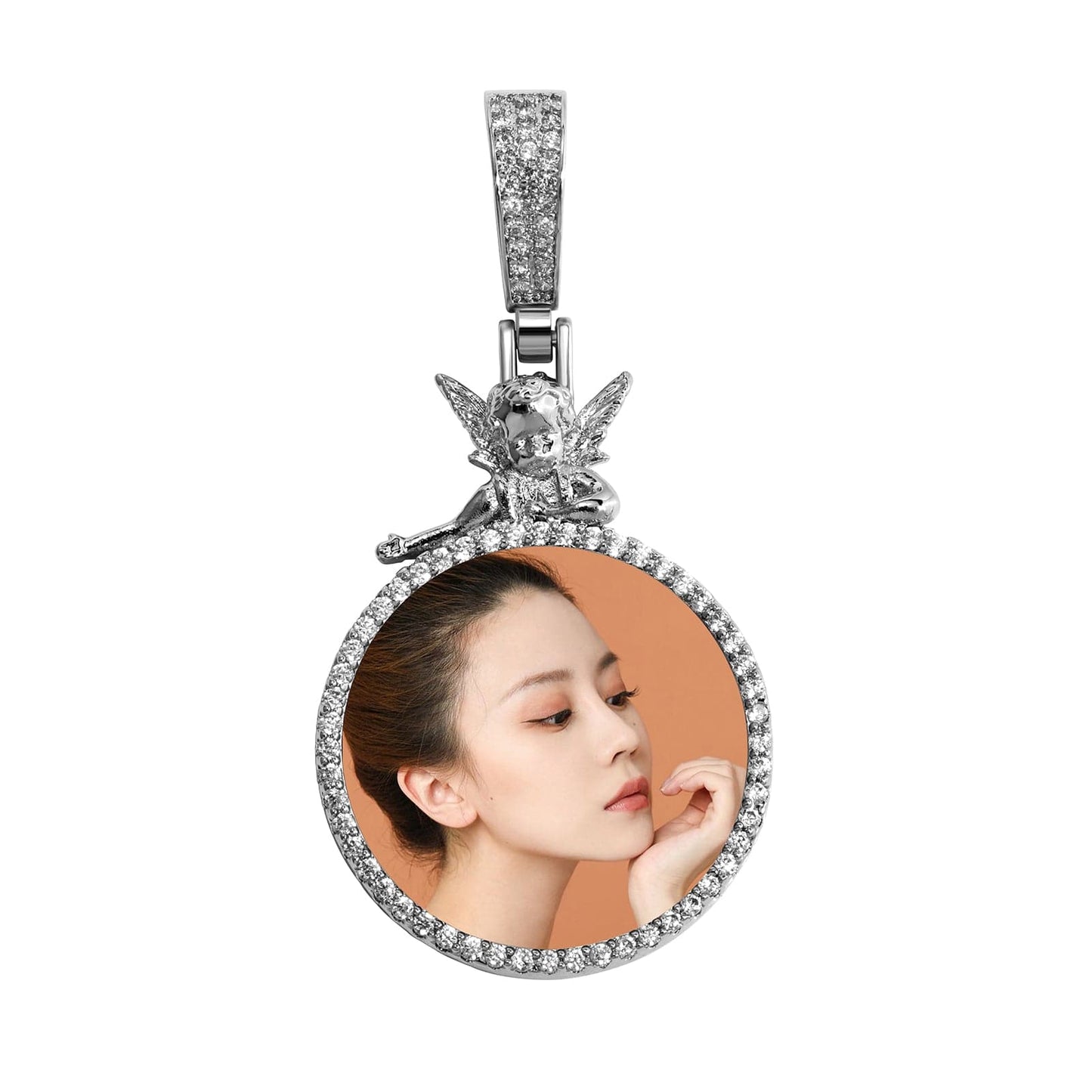 Custom Round Photo Pendant Necklace With Guardian Angel