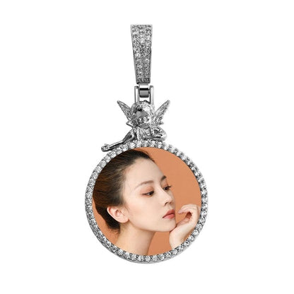 Custom Round Photo Pendant Necklace With Guardian Angel
