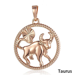 Rose Gold Unisex Zodiac Pendant Necklace With Thin Rope Rim