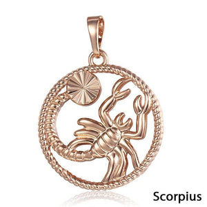 Rose Gold Unisex Zodiac Pendant Necklace With Thin Rope Rim