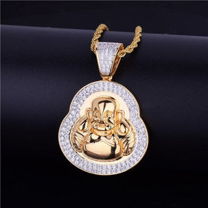 Gold Buddha Pendant With AAA Zircon Diamonds & Chain