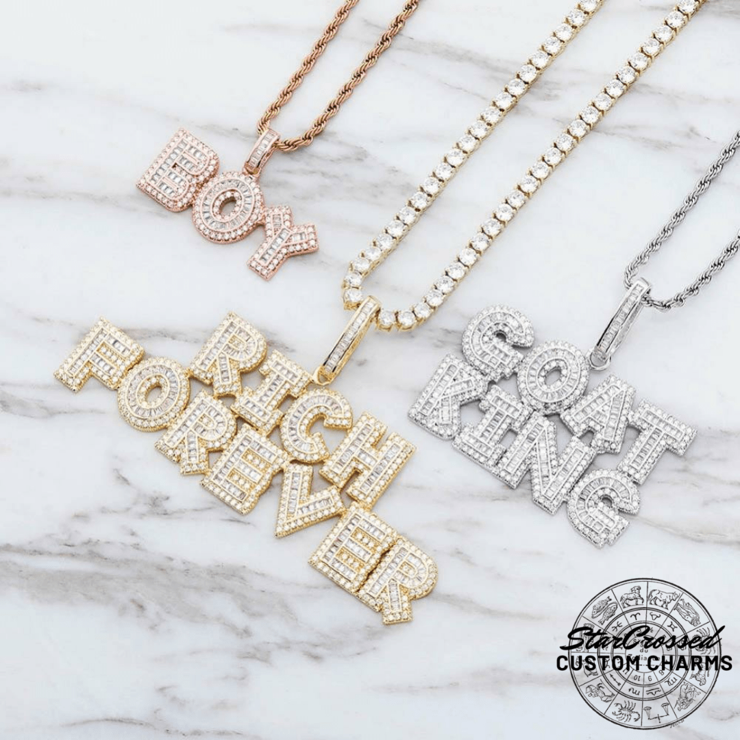 Custom Baguette Letters Pendant With Rope, Cuban or Tennis Necklace